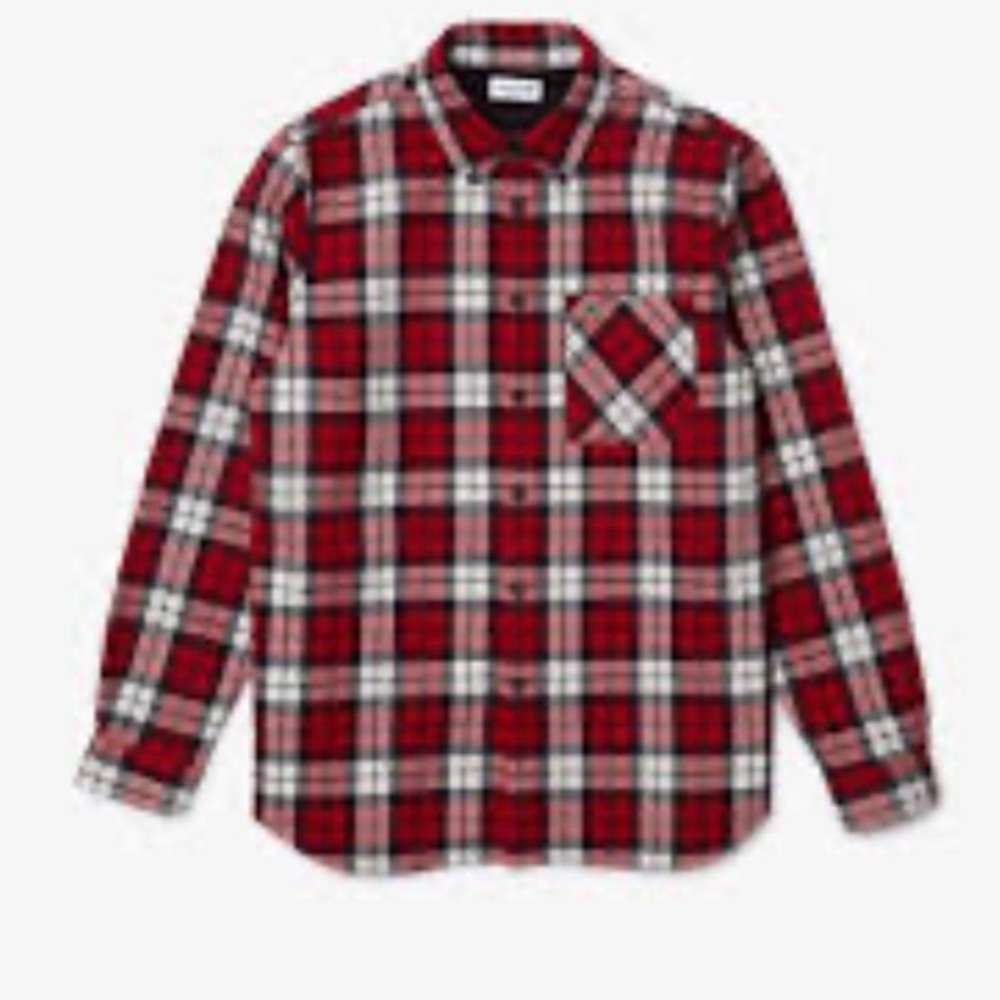 Lacoste Men's oversized red, black plaid flannel button-front overshirt EUC